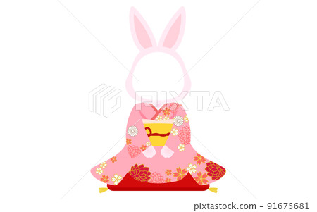 2023, a girl greeting the New Year, a rabbit's face photo frame, kimono (furisode) 2023, a girl greeting the New Year, a rabbit's face photo frame, kimono (furisode) 91675681
