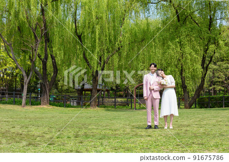 Korean Asian couple self small wedding concept in spring 91675786