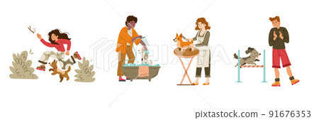 People care of dogs, owners spend time with pets People care of dogs, owners spend time with pets 91676353