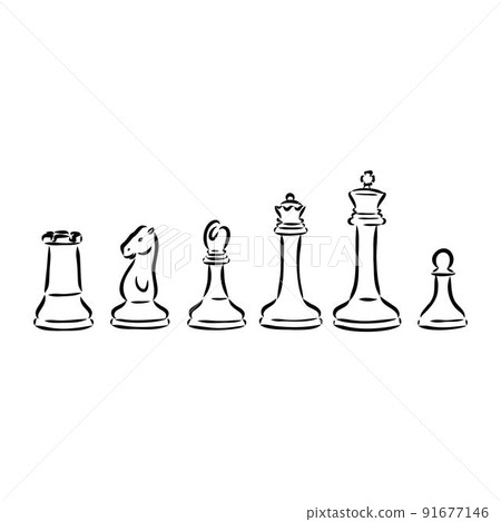 Hand-drawn sketch set of Chess pieces on a white background. Chess. Check mate. King, Queen, Bishop, Knight, Rook, Pawn. Vector icons. 91677146