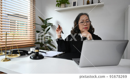 Professional female lawyer having video conference, discussing work via virtual remote meeting on laptop computer at home Professional female lawyer having video conference, discussing work via virtual remote meeting on laptop computer at home 91678269