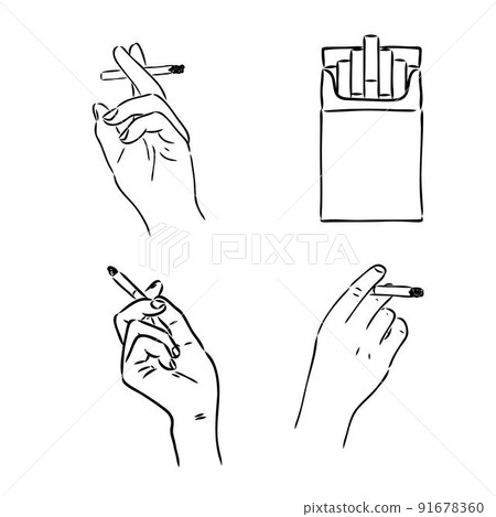 Black and white contour Male hand holding burning, smoking cigarette, hand drawn vector illustrations. Hand drawn male hand holding smoking cigarette 91678360