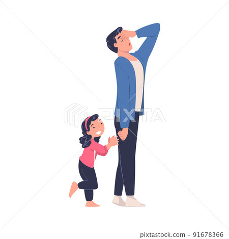 Tired Man Dad Exhausted with Noisy and Energetic Daughter Claiming Attention Vector Illustration Tired Man Dad Exhausted with Noisy and Energetic Daughter Claiming Attention Vector Illustration 91678366