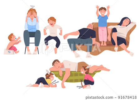 Tired Parents Exhausted with Noisy and Energetic Kids Playing Around Vector Set 91678418