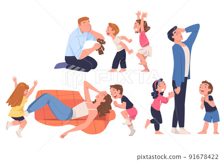 Tired Parents Exhausted with Noisy and Energetic Kids Playing Around Vector Set 91678422