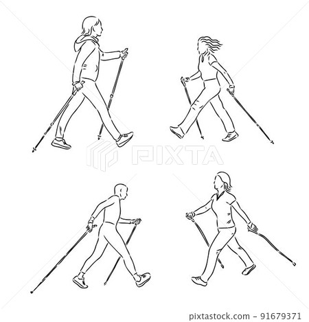 Continuous line drawing. A young woman walks on foot with walking sticks. Nordic walking, vector sketch illustration Continuous line drawing. A young woman walks on foot with walking sticks. Nordic walking, vector sketch illustration 91679371