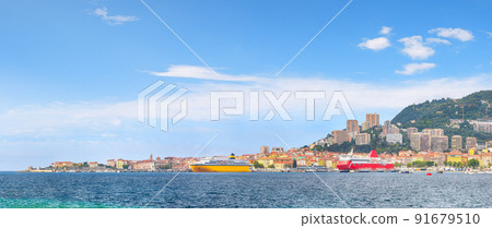 Majestic morning cityscape of Ajaccio city and port. Majestic morning cityscape of Ajaccio city and port. 91679510