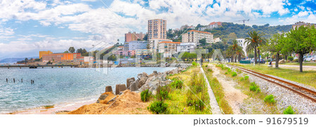 Majestic morning cityscape of Ajaccio city and port. Majestic morning cityscape of Ajaccio city and port. 91679519