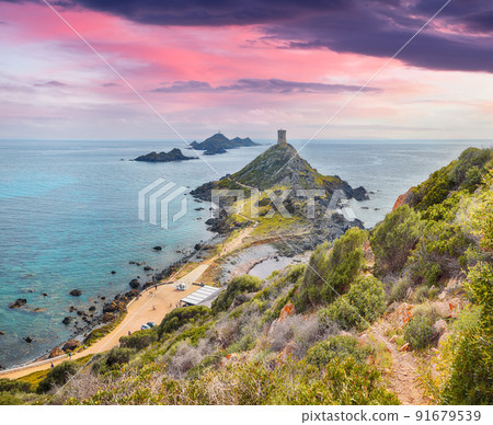 Sunset over popular tourist destination Torra di a Parata with Genoese Tower  91679539