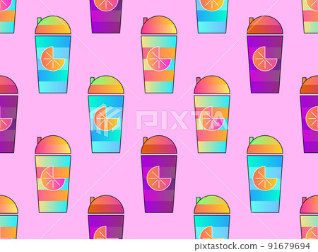 Fruit smoothie seamless pattern. Shaker with orange juice. Drink for a healthy lifestyle. Design for banners, promotional products and wrapping paper. Vector illustration 91679694
