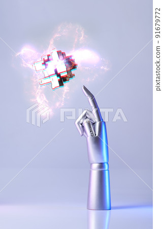 Mechanical robot arm or hand interacts with futuristic digital technologies. 91679772