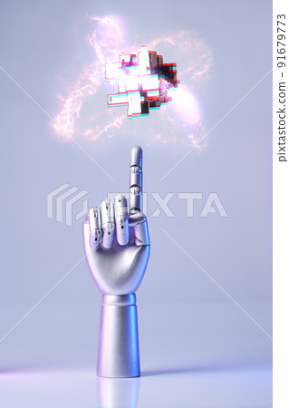Mechanical robot arm or hand interacts with futuristic digital technologies. 91679773
