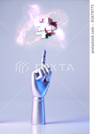 Mechanical robot arm or hand interacts with futuristic digital technologies. 91679775
