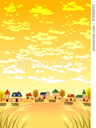 秋天黃昏和里山背景垂直 91680932