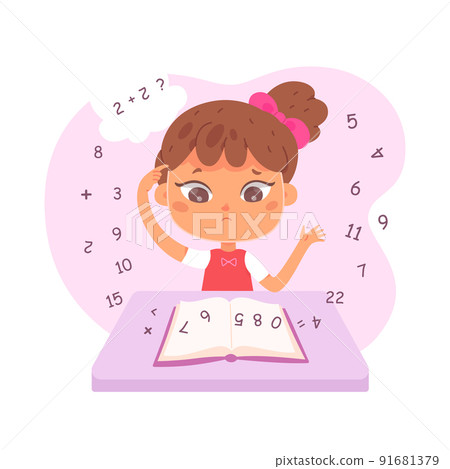 Confused kid suffering with dyscalculia, sitting at desk in classroom, doing homework Confused kid suffering with dyscalculia, sitting at desk in classroom, doing homework 91681379