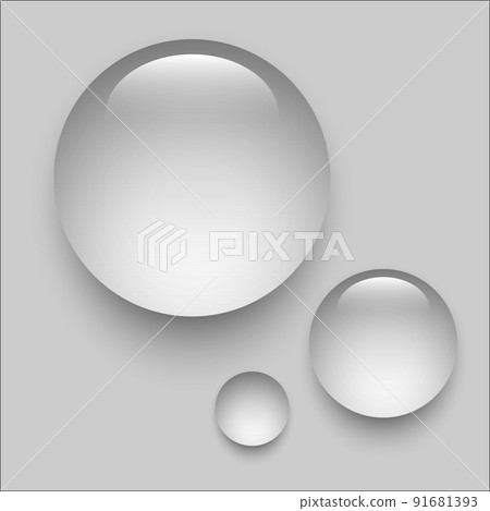 Water drops set on grey background. Liquid droplets of rain and dew vector illustration. Wet clear aqua in light. Abstract pure fresh nature elements, realistic macro design Water drops set on grey background. Liquid droplets of rain and dew vector illustration. Wet clear aqua in light. Abstract pure fresh nature elements, realistic macro design 91681393