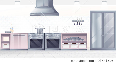 Restaurant kitchen interior design background. Professional place for cooking food with stove, oven, counters, fridge vector illustration. Horizontal panorama of culinary room Restaurant kitchen interior design background. Professional place for cooking food with stove, oven, counters, fridge vector illustration. Horizontal panorama of culinary room 91681396