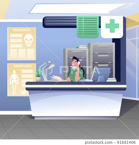 Woman working at receptionist desk in hospital. Medical professional help institution vector illustration. Health care scene, modern interior design. Nurse talking on phone 91681406