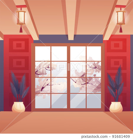 Japanese restaurant interior, indoor traditional decoration of asian cafeteria bar shop Japanese restaurant interior, indoor traditional decoration of asian cafeteria bar shop 91681409