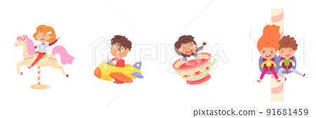 Cute kids play in amusement park set, boys and girls ride rollercoaster, horse and plane 91681459