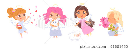 Cute little girls angels set, funny kids in angel dress holding bunny and flowers Cute little girls angels set, funny kids in angel dress holding bunny and flowers 91681460