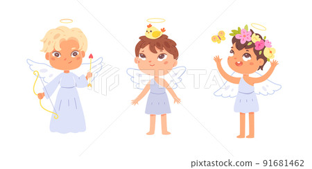 Cute little angels kids set, funny girls and boys with halo and wings, birds and flowers 91681462