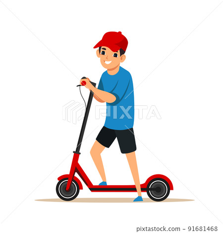 Cute kid standing with electric scooter, happy boy with eco vehicle for summer city ride 91681468