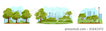 Summer landscape with city park or garden set, nature scenery with green trees and shrub Summer landscape with city park or garden set, nature scenery with green trees and shrub 91681472