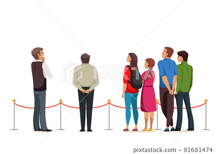 People enjoy exhibits of museum or gallery behind rope fence, visitors stand and walk People enjoy exhibits of museum or gallery behind rope fence, visitors stand and walk 91681474