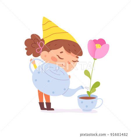 Girl holding huge watering can in hands to water flower in flowerpot vector illustration. Cartoon happy character with teapot, fantasy child doing botanical hobby activity isolated on white. 91681482