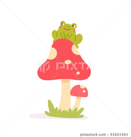 Funny green adorable frog sitting on fly agaric mushrooms, cute forest toad and toadstool 91681483