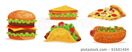 Fast food set for street cafe or restaurant menu, takeaway fastfood snack collection 91681484