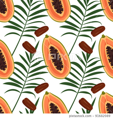 Bright summer seamless pattern with papaya fruits, dates and palm leaves. Exotic tropical print, food background for textile, paper and design 91682089