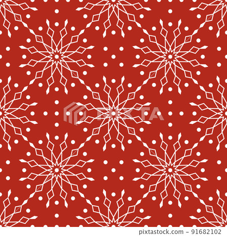 Seamless pattern with white snowflakes on red background. Festive winter traditional decoration for New Year, Christmas, holidays and design. Ornament of simple line repeat snow flake 91682102