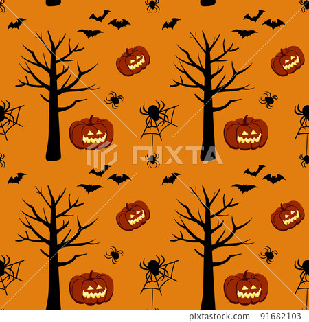 Bright dark pattern with pumpkins, bats, trees and spiders on an orange background. Halloween festive autumn decoration. October holiday print for paper printing, textile and design Bright dark pattern with pumpkins, bats, trees and spiders on an orange background. Halloween festive autumn decoration. October holiday print for paper printing, textile and design 91682103