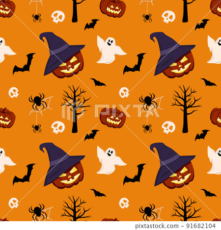Bright dark seamless pattern with pumpkins, ghosts, skulls, bats and spiders. Festive autumn decoration for Halloween. Holiday October background for paper print, textile and design Bright dark seamless pattern with pumpkins, ghosts, skulls, bats and spiders. Festive autumn decoration for Halloween. Holiday October background for paper print, textile and design 91682104