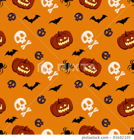 Bright dark seamless pattern with pumpkins, skulls, bats and spiders. Festive autumn decoration for Halloween. Holiday October background for paper print, textile and design Bright dark seamless pattern with pumpkins, skulls, bats and spiders. Festive autumn decoration for Halloween. Holiday October background for paper print, textile and design 91682105