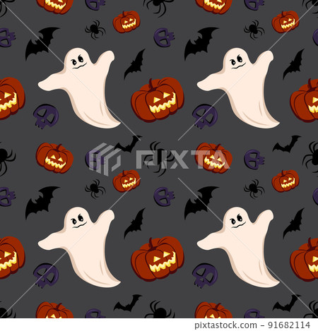 Bright dark seamless pattern with pumpkins, ghosts, skulls, bats and spiders. Festive autumn decoration for Halloween. Holiday October background for paper print, textile and design 91682114