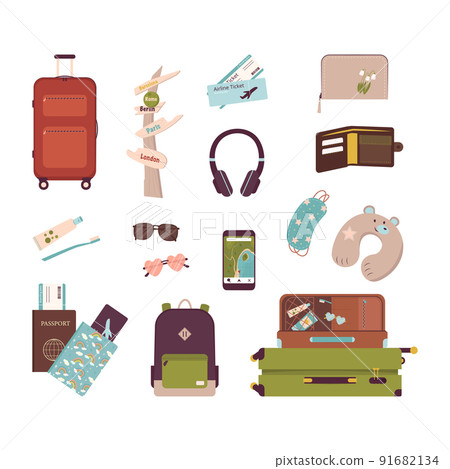 Big set of tourist items for vacation. Luggage icons for travel and hike. A collection of objects and accessories for outdoor recreation and journey around the world. Vector flat illustration Big set of tourist items for vacation. Luggage icons for travel and hike. A collection of objects and accessories for outdoor recreation and journey around the world. Vector flat illustration 91682134