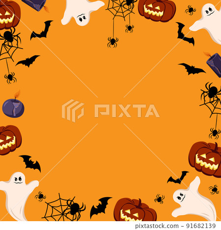 Bright frame on a orange background with pumpkins, ghosts, skulls, bats and spiders. Halloween festive autumn decoration. October holiday pattern with empty space for poster, postcard and design 91682139