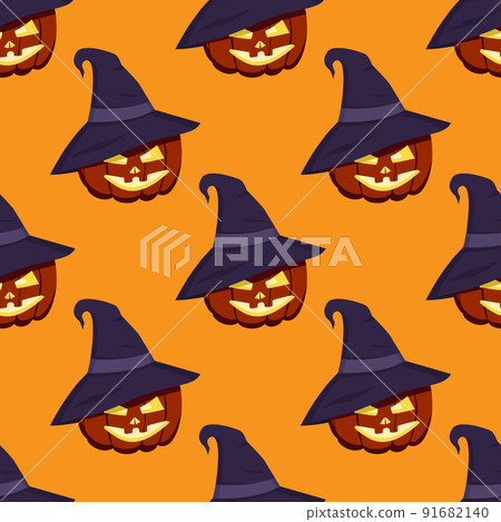 Cute dark pattern with pumpkins, a face with a smile or a grin and a hat. Halloween party decoration. Autumn October print on orange background. Festive element for paper, textile, holiday and design 91682140