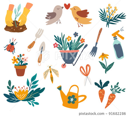 Gardening set. Hand draw garden work elements: tools, flower pot, watering can, flower cart, insects and birds. Gardener farm, flower store. Spring, summer time. Vector cartoon illustration. 91682286