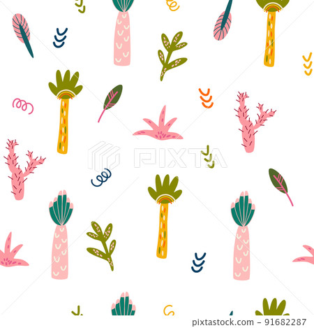 Palms and Cactus seamless pattern. Tropical jungle background. Perfect for printing baby clothes, textiles fabrics. Vector cartoon illustration. 91682287