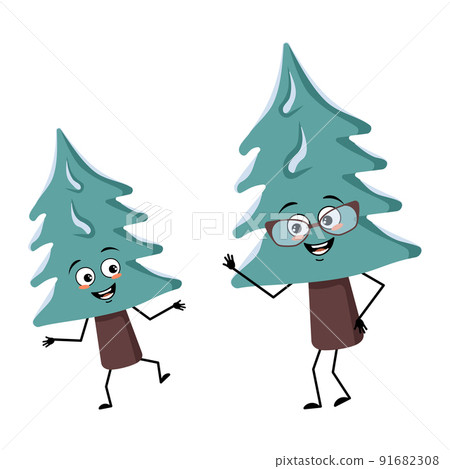 Cute character of Christmas tree cheerful with emotions. Funny grandmother with glasses and grandson with arms and legs. Pine with eyes. New year festive decoration, joyful fir Cute character of Christmas tree cheerful with emotions. Funny grandmother with glasses and grandson with arms and legs. Pine with eyes. New year festive decoration, joyful fir 91682308