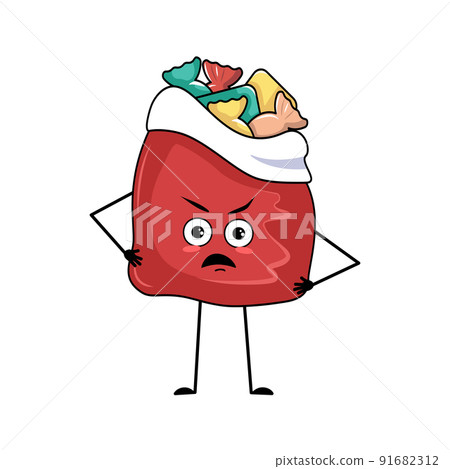Cute red bag character with New Year gifts with angry emotions, grumpy face, arms and legs. Merry Christmas item, joyful sweet food, box with furious expression Cute red bag character with New Year gifts with angry emotions, grumpy face, arms and legs. Merry Christmas item, joyful sweet food, box with furious expression 91682312