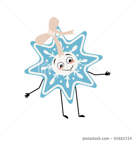 Cute Christmas snowflake with smile emotions, happy face, arms and legs. Joyful New Year festive decoration with eyes Cute Christmas snowflake with smile emotions, happy face, arms and legs. Joyful New Year festive decoration with eyes 91682314