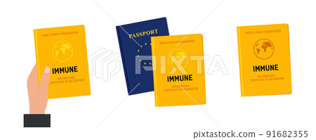 vaccination certificate against covid 19 in hand. Vaccine passport icon. 91682355