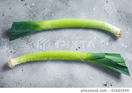 Raw Green Organic Leeks Ready to cooking. Gray background. Top view Raw Green Organic Leeks Ready to cooking. Gray background. Top view 91683849
