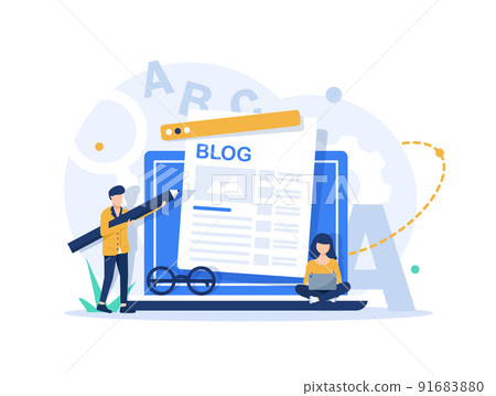 Content writer. Blog articles creation concept with people characters, freelance work business and marketing 91683880