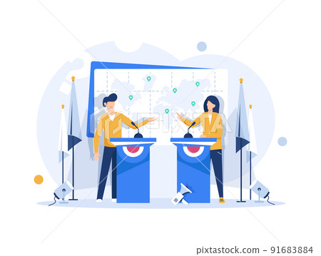 Man and woman candidates are discussing on stage. Debates concept. Candidates speech in front of the crowd people. Flat vector illustration 91683884